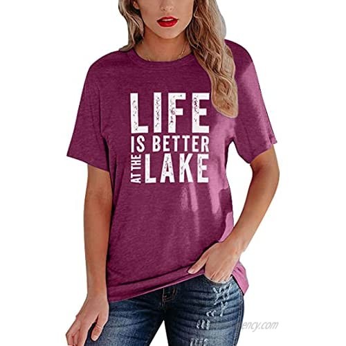 Life is Better at The Lake Shirts Women Lake Life Funny Saying Tee Tops Short Sleeve Vacation Tops