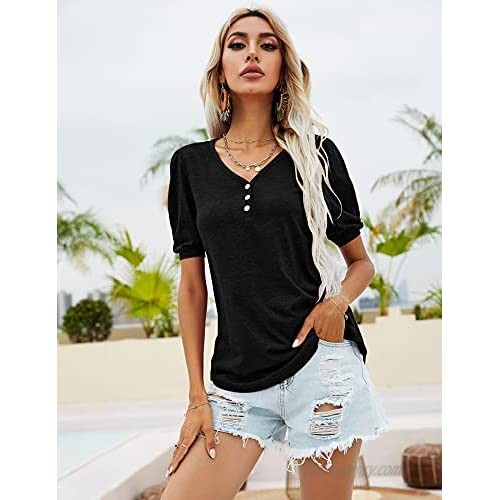LOMON Womens Puff Short Sleeve Tunic Tops Button Up Flowy Casual Summer Loose Fit V Neck T Shirt Blouse