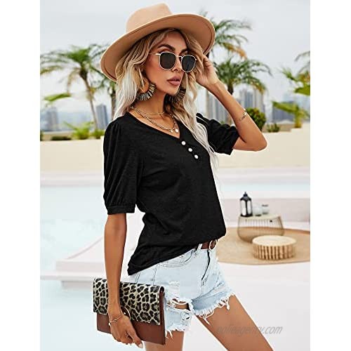 LOMON Womens Puff Short Sleeve Tunic Tops Button Up Flowy Casual Summer Loose Fit V Neck T Shirt Blouse