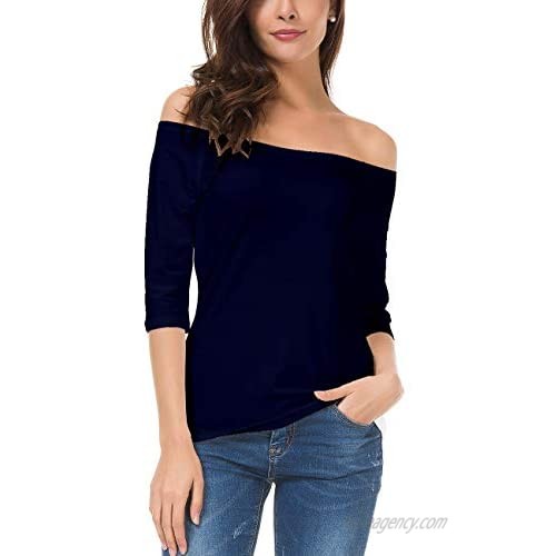 LUSMAY Womens Off Shoulder Top Half Sleeve Cotton Boat Neck Tee Shirt