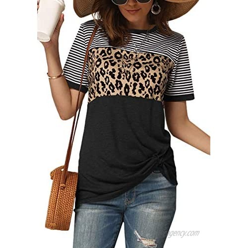 Maisolly Women's Leopard Print Blouses Color Block Striped Casual Crewneck T-Shirts Twist Knot Tops
