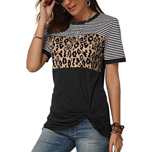 Maisolly Women's Leopard Print Blouses Color Block Striped Casual Crewneck T-Shirts Twist Knot Tops