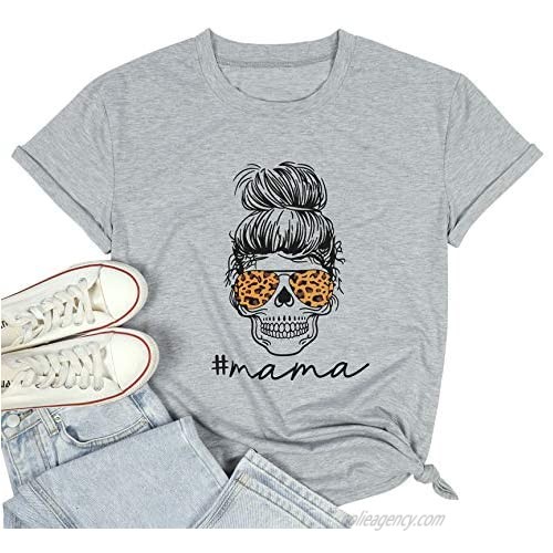 Mama Shirts Women Funny Mom Life T Shirt Leopard Skull Graphic Tee Casual Short Sleeve Pullover Tops Mother's Day Present