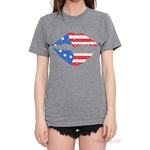 MYHALF American Flag Lips T Shirt Women July 4th Shirts Funny Leopard Printed Shirt Bleached Tee Tops