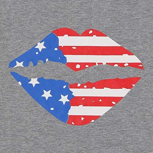 MYHALF American Flag Lips T Shirt Women July 4th Shirts Funny Leopard Printed Shirt Bleached Tee Tops