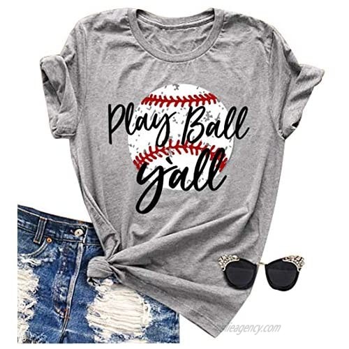 Play Ball Y'all Letter Print T Shirt Women Baseball Mom Cute Graphic Short Sleeve Top Tee Blouse