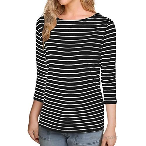 Remidoo Women Boat Neck Striped T-Shirt Short Sleeve / 3/4 Sleeve/Long Sleeve Tees Slim Fit Blouses Tops