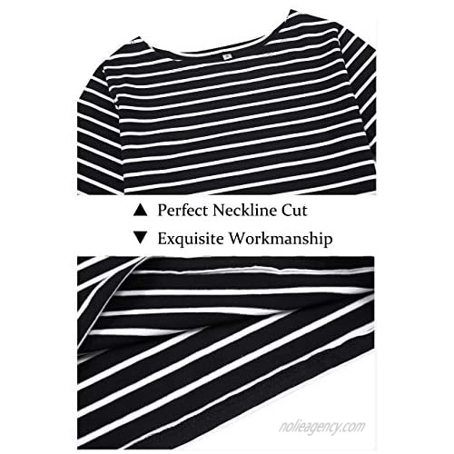 Remidoo Women Boat Neck Striped T-Shirt Short Sleeve / 3/4 Sleeve/Long Sleeve Tees Slim Fit Blouses Tops