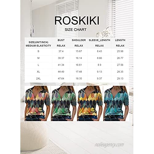 ROSKIKI Women’s Casual V-Neck T-Shirts Short Sleeve Color Block Tee Top Geometric Print Blouse Top