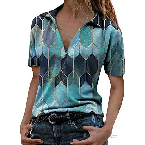 ROSKIKI Women’s Casual V-Neck T-Shirts Short Sleeve Color Block Tee Top Geometric Print Blouse Top