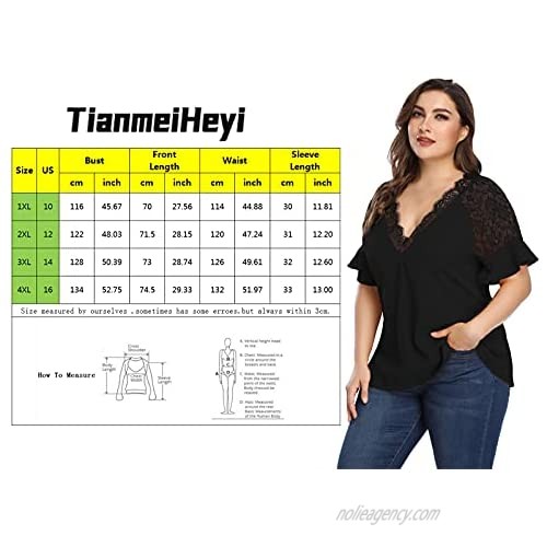 TianmeiHeyi Women's Plus Size lace T-Shirt V-Neck Short-Sleeved Tunic top 1X-4X