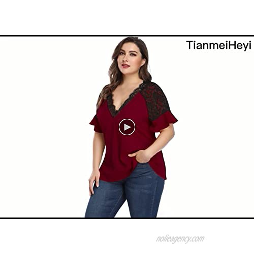 TianmeiHeyi Women's Plus Size lace T-Shirt V-Neck Short-Sleeved Tunic top 1X-4X