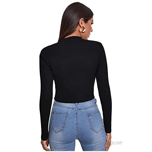 Verdusa Women's Zip Up Front Long Sleeve Mock Neck Fitted Crop Top T Shirt
