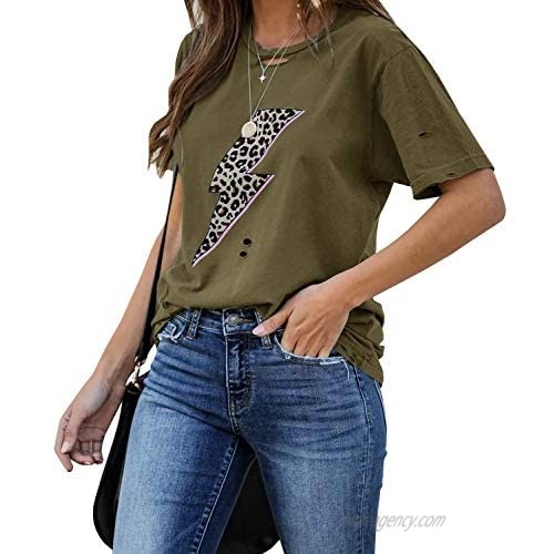 Womens Leopard Lightning Print T-Shirt Summer Short Sleeve Crewneck Ripped Casual Shirt Tops
