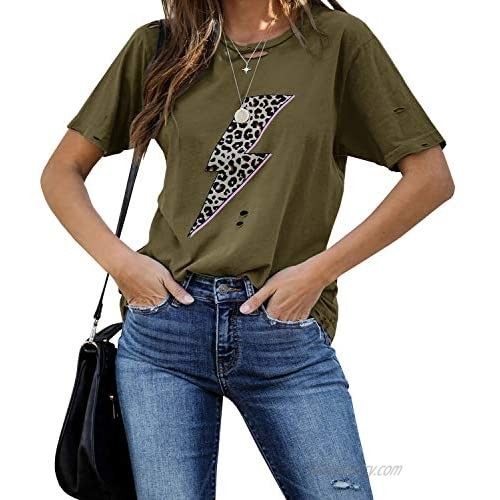 Womens Leopard Lightning Print T-Shirt Summer Short Sleeve Crewneck Ripped Casual Shirt Tops