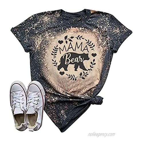 Women's Mama Bear Bleached T-Shirt Funny Bear Graphic Mom Shirts Tee Cute Letter Print Short Sleeve Casual Tee Tops
