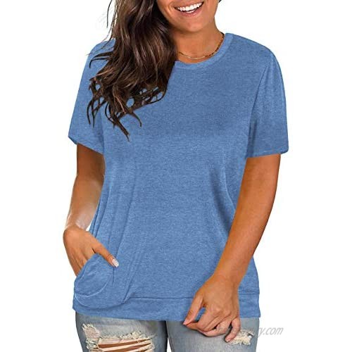 Womens Plus Size Tops Casual Solid Color T-Shirt Round Neck Blouse Tunics with Pockets