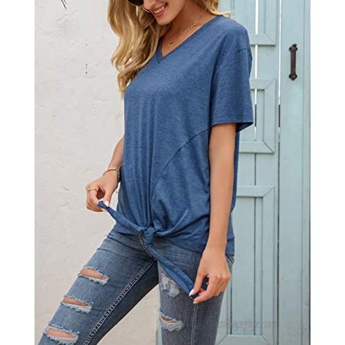 Womens Summer V Neck Short Sleeve T-Shirts Front Knotted Casual Loose Tee Tops