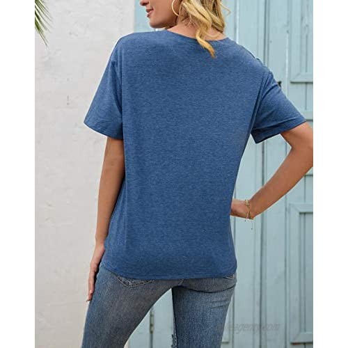 Womens Summer V Neck Short Sleeve T-Shirts Front Knotted Casual Loose Tee Tops