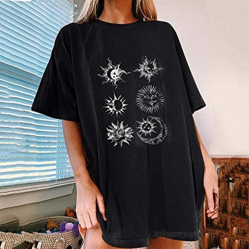 Womens Vintage Oversized T Shirts Casual Short Sleeve Tops Teen Girls Moon and Sun Printed Blouse