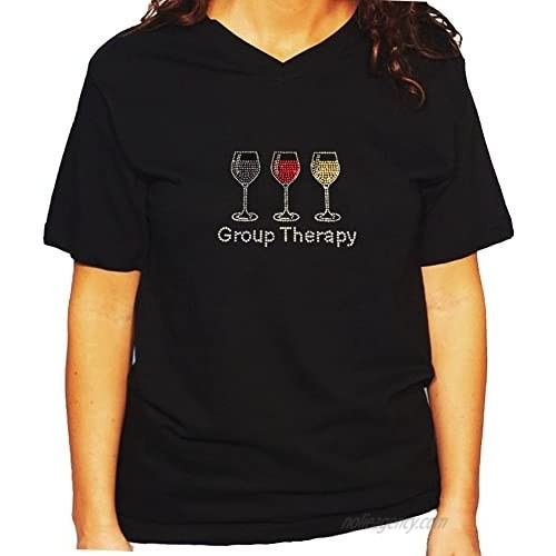 Women's/Unisex T-Shirt with Group Therapy with Wine Glasses in Rhinestones