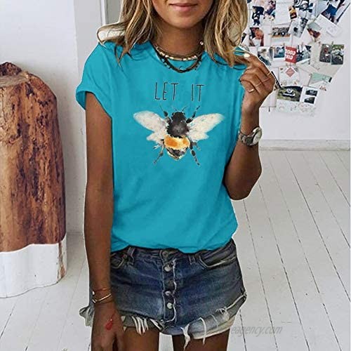Wudia Women's Vintage Let It Bee Letter Print T Shirts Summer Short Sleeve Cute Bee Graphic Tees Tops