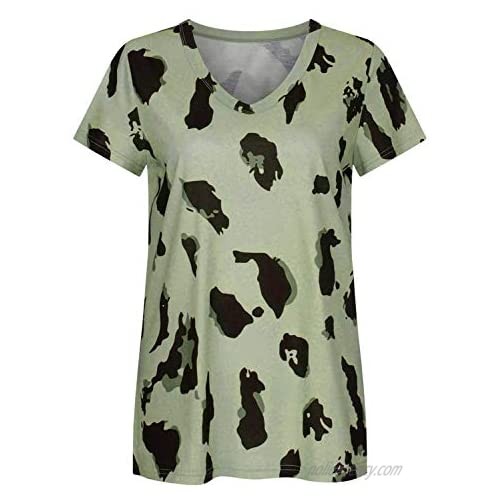 YIJIU Women's Leopard Print Tops Short Sleeve V Neck T Shirts Loose Casual Summer Blouses