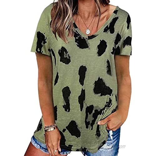 YIJIU Women's Leopard Print Tops Short Sleeve V Neck T Shirts Loose Casual Summer Blouses