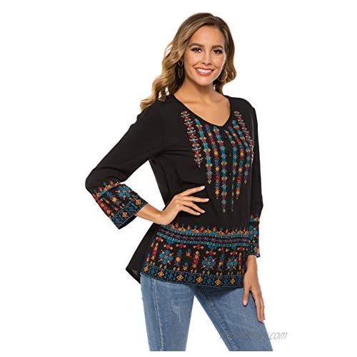 AK Women's Mexican Embroidered Tops Long Sleeve Casual Loose Tunics Fall Blouse Shirts for Women