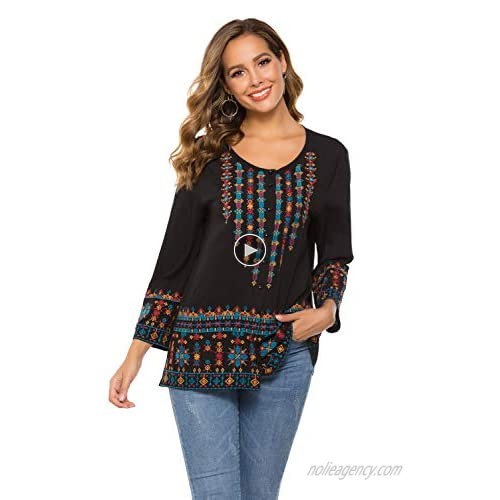 AK Women's Mexican Embroidered Tops Long Sleeve Casual Loose Tunics Fall Blouse Shirts for Women