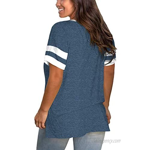 AURISSY Womens Plus-Size Tops Summer V Neck Striped T Shirts Side Split Tunic