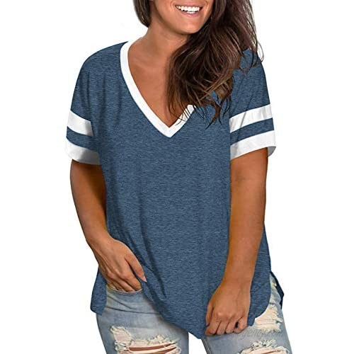 AURISSY Womens Plus-Size Tops Summer V Neck Striped T Shirts Side Split Tunic