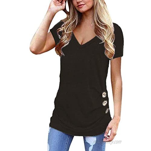 Balivsa Womens Summer Tops Short Sleeve V Neck T Shirts Loose Fitting Tunic Solid Color Tops for Leggings Casual Blouse