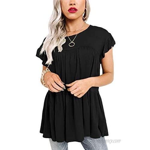 BRUBOBO Womens Summer Ruffle Tunic Tops Short Sleeve Casual Loose Tiered Pleated Shirts Blouses