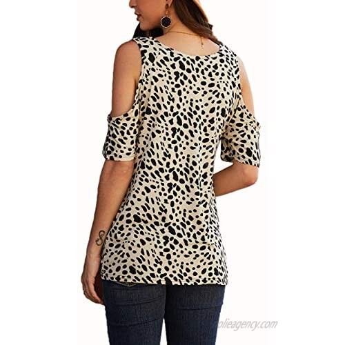CNFUFEN Womens Leopard Print Cute Tshirts Fashion Knotted Blouse Off-Shoulder Short Sleeve Top