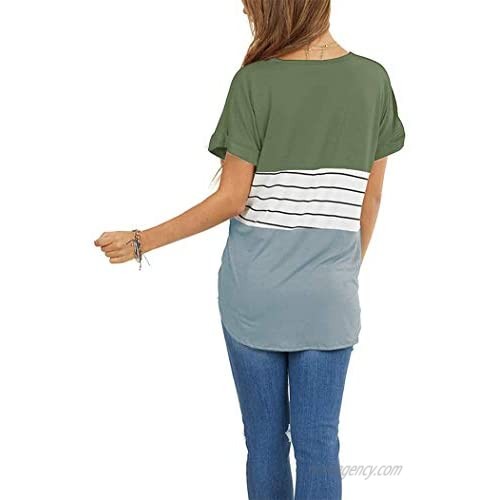 Esobo Womens Short Sleeve Color Block T Shirts Sexy V Neck Tshirts Casual Loose Striped Tops