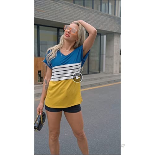 Esobo Womens Short Sleeve Color Block T Shirts Sexy V Neck Tshirts Casual Loose Striped Tops