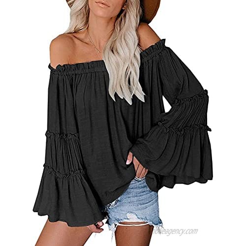 GIGILAUGH Women's Off The Shoulder Tops Long Bell Sleeve Ruffle Tunic Shirts Flared Casual Loose Blouse