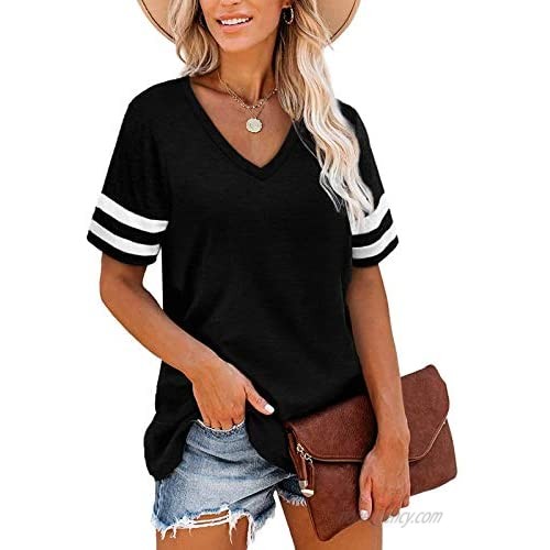 Hsdjfhe Women's T Shirts V Neck Color Block Striped Short Sleeve Loose Casual Basic Tunic Tops