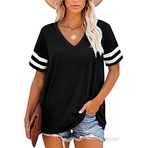 Hsdjfhe Women's T Shirts V Neck Color Block Striped Short Sleeve Loose Casual Basic Tunic Tops