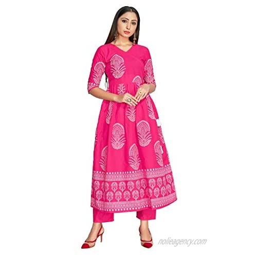 Indian Kurti for Womens With Pant | Pink Rayon Block Printed Kurta Partywear Kurtis For Women Tops Tunic
