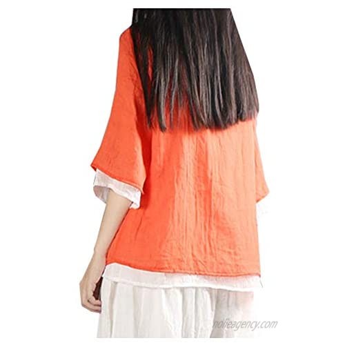 Ladyful Women's V Neck Cotton Linen Blouse 3/4 Sleeve Summer Tunic Top