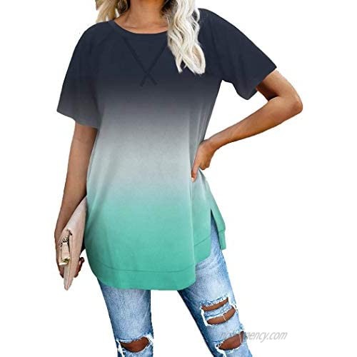Langwyqu Womens Summer Tie Dye T Shirts Short Sleeve Side Split Loose Casual Tunic Tops