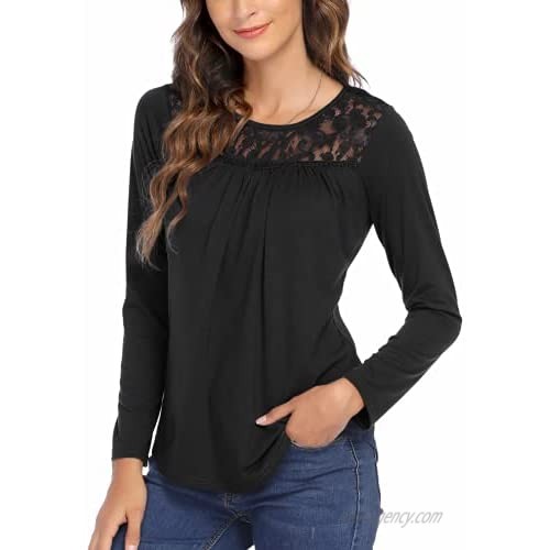 Leaduty Womens Casual Comfort Long Sleeve Lace Pleated Shirts Fit Fall Blouses Tunic Tops