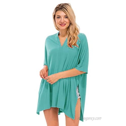 NANAVA Women's Oversized Loose Fit V-Neck Center Band Detail Poncho Top