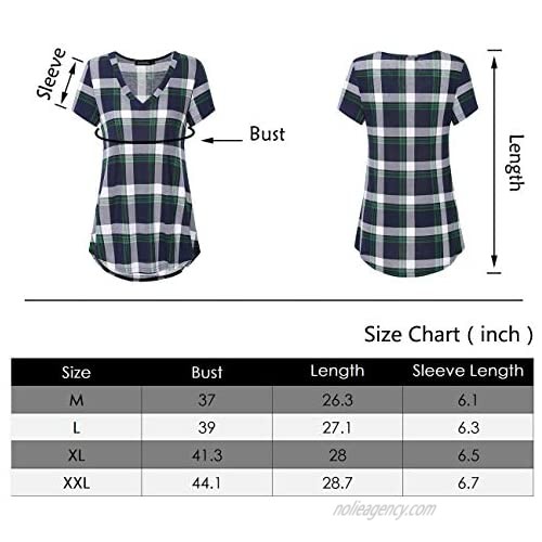 OLWING Women's Short Sleeve Plaid V Neck Flowy Loose Tunic Shirt Casual Tee