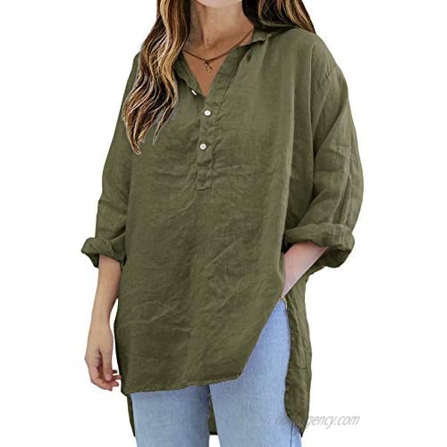 Pretifeel Womens Summer Linen Tunic Shirt Loose V Neck Long Sleeve Casual Beach Long Pullover Blouse