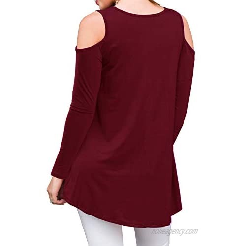 PrinStory Womens Long Sleeve Off Shoulder Round Neck Casual Loose Top Blouse T-Shirt Wine Red-US X-Large