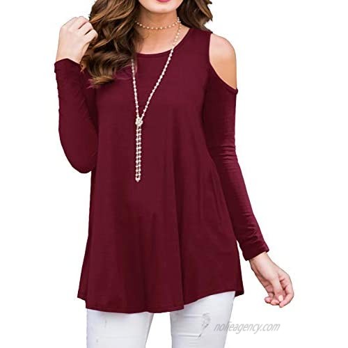 PrinStory Womens Long Sleeve Off Shoulder Round Neck Casual Loose Top Blouse T-Shirt Wine Red-US X-Large