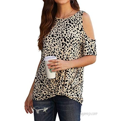 QACOHU Women's Summer Leopard Print Tops Short Sleeve Casual Cold Shoulder Twist Blouses